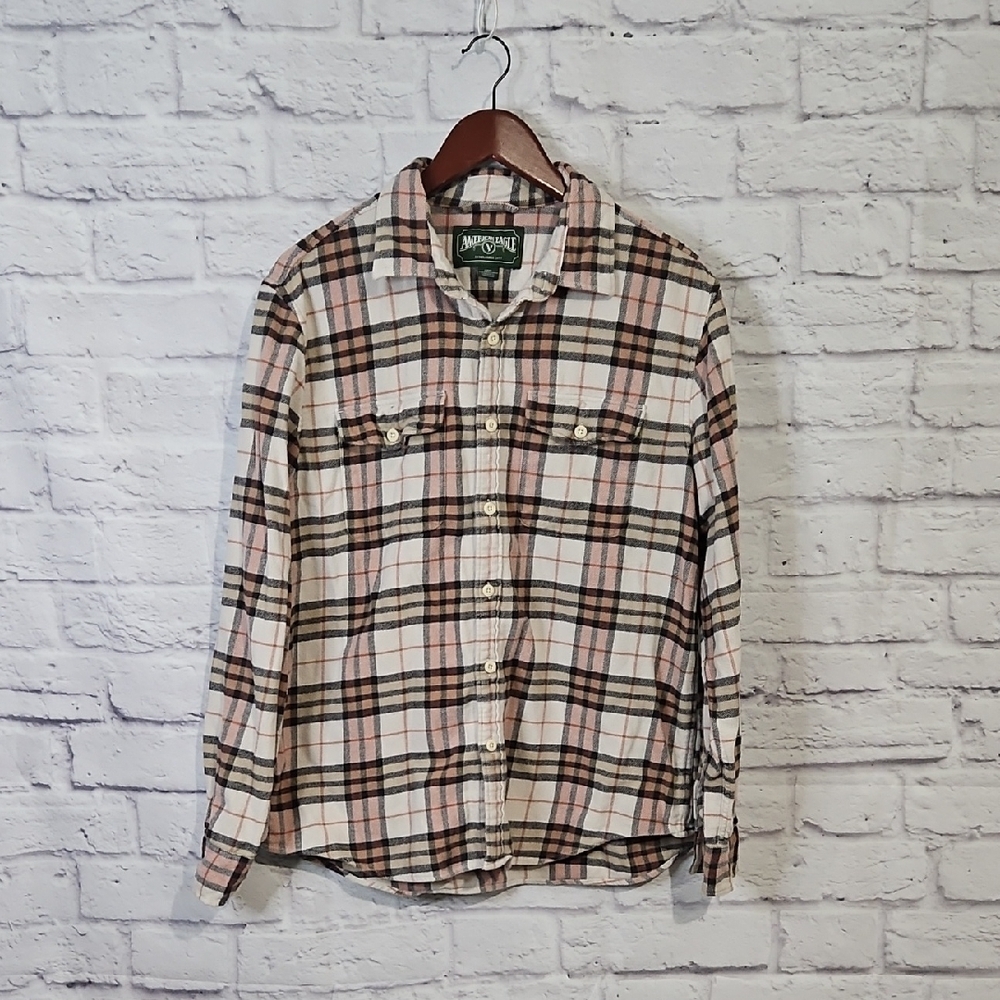 American Eagle Outfitters Flannel Plaid Button Down Shirt - Black, Cream,  Tan